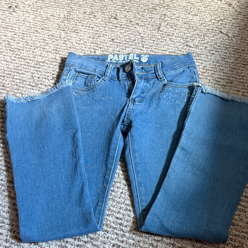 Pastels Blue Kids Jeans with Fringe Detail
